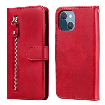 Drop-resistent lynlåslomme læderpung telefonskal til iPhone 13 mini - Rød