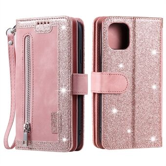 9 kortpladser Design Læder Pung Stand Telefon Case Shell med håndledsrem til iPhone 13 mini - Pink