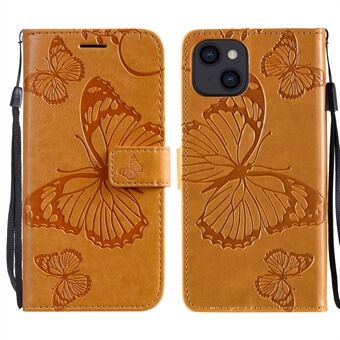 Anti-drop Butterfly Pattern Imprinting Læder Beskyttende Stand Case med rem til iPhone 13 mini 