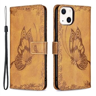 Imprint Butterfly PU Stand Pung Flip Case Cover med håndledsrem til iPhone 13 mini 