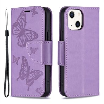 Imprint Butterfly Magnetisk lukning Læder Stand Pung Telefon Shell Case med rem til iPhone 13 mini 