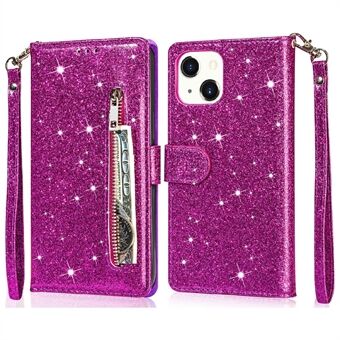 Glitter pailletter All-round beskyttelse Magnetisk lås Lynlås lomme tegnebog Flip læder telefoncover med Stand til iPhone 13 Mini - Lilla
