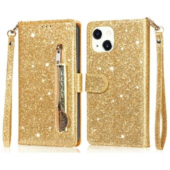 Glitter pailletter All-round beskyttelse Magnetisk lås Lynlås lomme tegnebog Flip læder telefoncover med Stand til iPhone 13 Mini - Guld