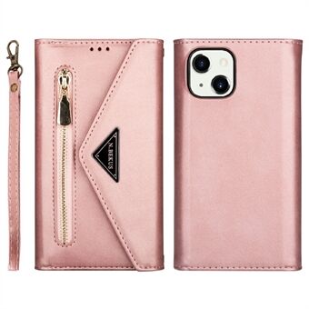 Fuld beskyttelse Læder lynlås tegnebog Design Skin Feeling telefontaske med Stand og strop til iPhone 13 mini - Rosa Guld