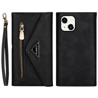 Fuld beskyttelse Læder lynlås tegnebog Design Skin Feeling telefontaske med Stand og strop til iPhone 13 mini - Sort