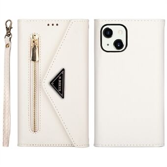 Fuld beskyttelse Læder lynlås tegnebog Design Skin Feeling telefontaske med Stand og strop til iPhone 13 mini - Hvid