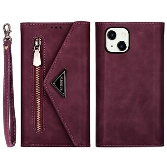 Fuld beskyttelse Læder lynlås tegnebog Design Skin Feeling telefontaske med Stand og strop til iPhone 13 mini - Vin Rød