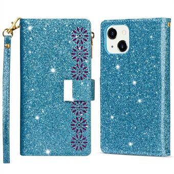 Glitrende Starry Style Laser Carving Lynlås Pung Stand Læder Telefon Taske til iPhone 13 mini 