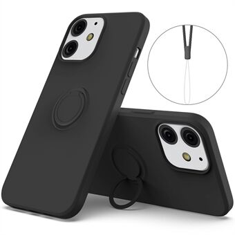360° Roterende Ring Støtte Design Drop-resistent miljøvenlig flydende silikone Telefon Beskyttelsesetui Shell med Handy Strap til iPhone 13 mini - Sort