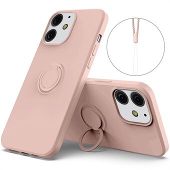 360° Roterende Ring Støtte Design Drop-resistent miljøvenlig flydende silikone Telefon Beskyttelsesetui Shell med Handy Strap til iPhone 13 mini - Pink