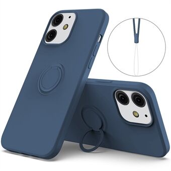 360° Roterende Ring Støtte Design Drop-resistent miljøvenlig flydende silikone Telefon Beskyttelsesetui Shell med Handy Strap til iPhone 13 mini - Midnatsblå