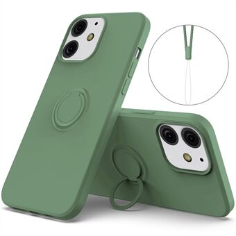 360° Roterende Ring Støtte Design Drop-resistent miljøvenlig flydende silikone Telefon Beskyttelsesetui Shell med Handy Strap til iPhone 13 mini - Grøn