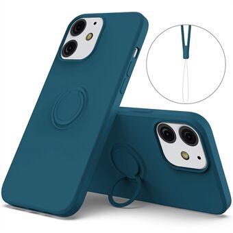 360° Roterende Ring Støtte Design Drop-resistent miljøvenlig flydende silikone Telefon Beskyttelsesetui Shell med Handy Strap til iPhone 13 mini - Marineblå 