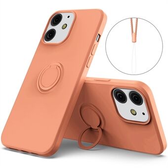 360° Roterende Ring Støtte Design Drop-resistent miljøvenlig flydende silikone Telefon Beskyttelsesetui Shell med Handy Strap til iPhone 13 mini - Orange