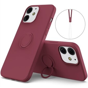 360° Roterende Ring Støtte Design Drop-resistent miljøvenlig flydende silikone Telefon Beskyttelsesetui Shell med Handy Strap til iPhone 13 mini - Vin Rød