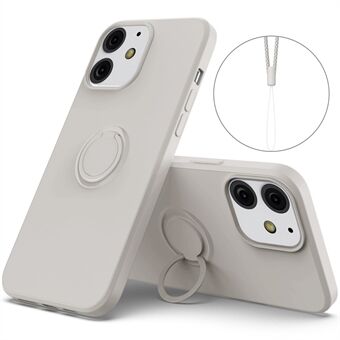 360° Roterende Ring Støtte Design Drop-resistent miljøvenlig flydende silikone Telefon Beskyttelsesetui Shell med Handy Strap til iPhone 13 mini - Grå