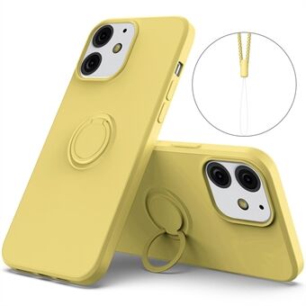 360° Roterende Ring Støtte Design Drop-resistent miljøvenlig flydende silikone Telefon Beskyttelsesetui Shell med Handy Strap til iPhone 13 mini - Gul