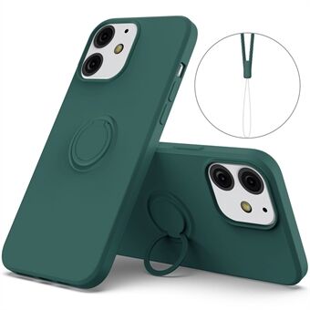 360° Roterende Ring Støtte Design Drop-resistent miljøvenlig flydende silikone Telefon Beskyttelsesetui Shell med Handy Strap til iPhone 13 mini - Sort Grøn