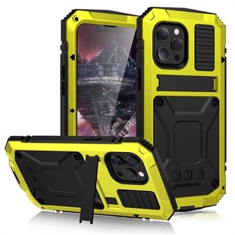 R-JUST Metal stødsikker kofangerramme Silikone Heavy Duty Kickstand-etui med hærdet glasbeskytter til iPhone 13 mini 