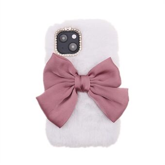 Bowknot Cute Fuzzy Furry Warm Plys Rhinestone Decor Blød TPU-bagcover til iPhone 13 mini 