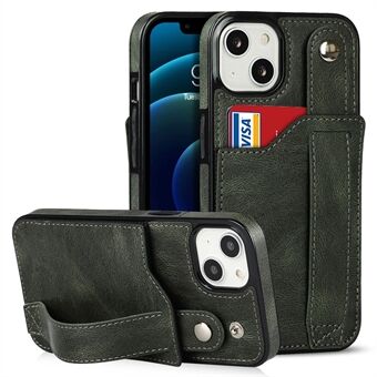 Håndrem Kickstand Card Slot Design RFID-blokeringsfunktion PU-læderbelagt TPU-telefoncover til iPhone 13 mini - Emerald