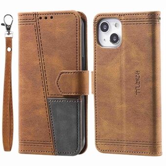 TTUDRCH For iPhone 13 mini  004 Skin-touch Wallet Stand Phone Case Splicing PU Leather RFID Blocking Cover Protector with Strap