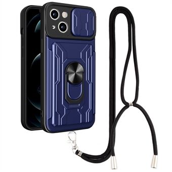 Til iPhone 13 mini  Ring Kickstand Kortholder Telefon Case Hard PC Blød TPU Slide Lens Beskyttelse Bagcover med snor