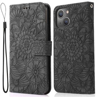 Anti-drop telefonetui til iPhone 13 mini 5,4 tommer, påtrykt blomstermønster Stand Flip læder tegnebogscover med rem
