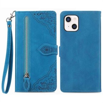Til iPhone 13 mini 5,4 tommer PU læder lynlås lomme med blomsterpåtrykt telefonetui Stand Folio Flip Cover med rem