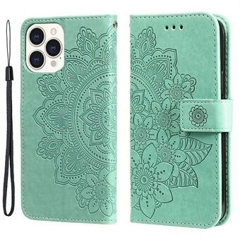Chic Flower Imprinting Pung Læder Telefon Stand Protector Case med rem til iPhone 13 Pro Max 6,7 tommer - Grøn