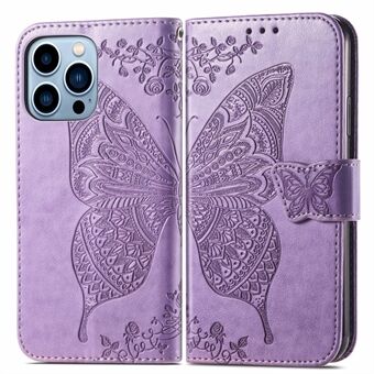 Læder Phone Wallet Case Stand Cover med prægning Butterfly Flower til iPhone 13 Pro Max 