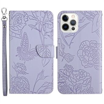 For iPhone 13 Pro Max  Butterflies Imprinted Shockproof Case Skin-touch PU Leather Wallet Stand Phone Protector Anti-drop Folio Flip Cover with Strap