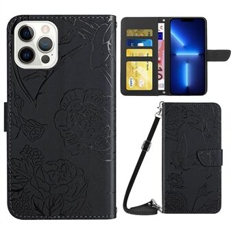 For iPhone 13 Pro Max  Butterfly Flowers Imprinting Anti-fall PU Leather Phone Shell, Pattern Imprinting Design Wallet Stand Case with Shoulder Strap