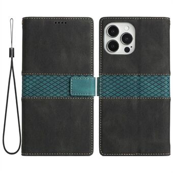For iPhone 13 Pro Max  Grid Splicing Decor Stand Wallet Function Case PU Leather All-around Protection Shell with Strap