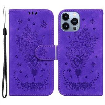 For iPhone 13 Pro Max  Imprinting Roses Butterflies Pattern Anti-scratch Leather Phone Case with Strap Impact-resistant Wallet Stand Cover
