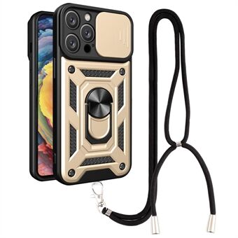 Hybrid Phone Case Kickstand til iPhone 13 Pro Max , stødsikker PC + TPU Phone Shell Ring Holder med Slide Camera Cover og Lanyard