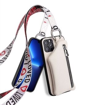 Til iPhone 13 Pro Max  aftagelig tegnebog Drop-proof PU-læderbelagt TPU-telefoncover Lynlåslomme Beskyttelsescover med snor