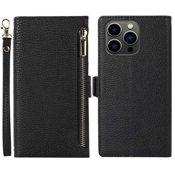 Til iPhone 13 Pro Max  lynlåslommedesign Litchi Texture telefontaske, PU læder flipcover tegnebog med rem