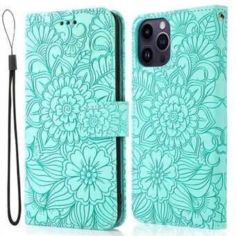 PU-lædertelefontaske til iPhone 13 Pro Max 6,7 tommer, Stand med påtrykt blomstermønster Stødsikkert mobiltelefoncover med rem