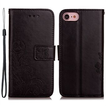For iPhone 7 / iPhone 8 / iPhone SE 2020/2022, Wallet Stand Four-leaf Clover Pattern Imprinted Leather Case Phone Cover with Strap