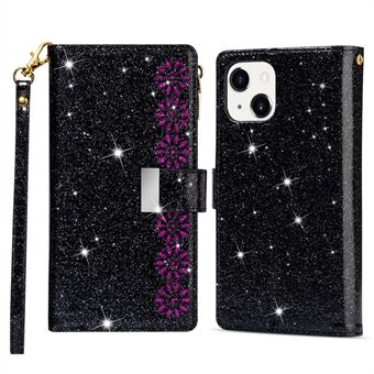 Til iPhone 14  Anti-ridse Flip Læder Taske, Laser Carving Glittery Starry Style Stand med lynlås med rem
