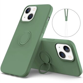 Til iPhone 14  mobiltelefon etui Magnetisk metalpladedesign Ring Kickstand Flydende silikone telefoncover med håndledsstrop