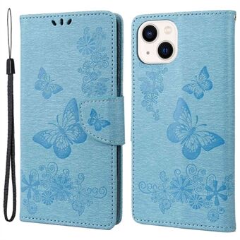 Til iPhone 14  PU-læder Big sommerfugle Blomstermønster prægning Telefon Cover Stand Funktion Pung Flip Magnetisk etui med rem