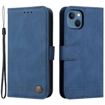 Til iPhone 14  træmønster metalknap PU læder telefontaske Stand tegnebog Beskyttende cover med rem