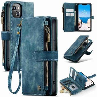CASEME C30 Series Multiple Card Slots Case til iPhone 14 6,1 tommer, lynlåslomme tegnebog PU- Stand Telefoncover med rem