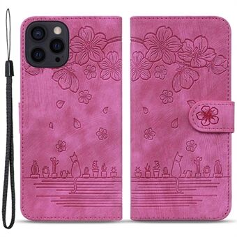 Cherry Blossom Cat Imprinted Case til iPhone 14 , Stand PU læder Anti-drop telefonpung cover med rem