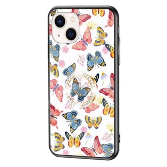 Til iPhone 14  Butterfly Series Hærdet glas + PC + TPU telefonetui Butterfly Pattern Ring Kickstand Cover