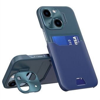 Til iPhone 14 PU-læder+pc-telefon Anti-drop-dækselkortslot Design Bagcover med metallinseramme Kickstand