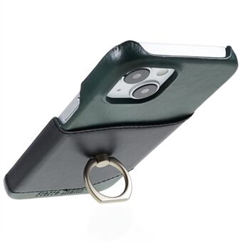 FIERRE SHANN Beskyttelsesetui til iPhone 14 Ring Kickstand ægte læder+PU-læder+PC-telefon faldsikkert cover med kortplads