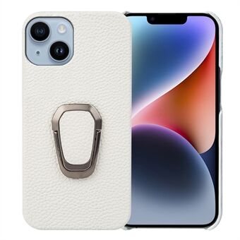 Til iPhone 14 Finger Ring Kickstand Telefon Case Litchi Texture Ægte Læder Coated PC Beskyttende Shell Cover